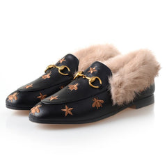 Horsebit Bee Star Embroidered Fur Loafers