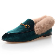 Classic Horsebit Velvet Fur Flat Loafers