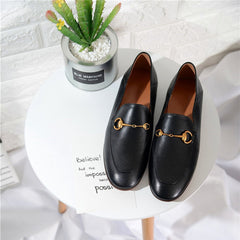 Classic Metal Buckle Leather Loafers Flat Shoes