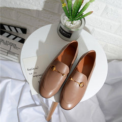 Classic Metal Buckle Leather Loafers Flat Shoes