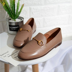 Classic Metal Buckle Leather Loafers Flat Shoes