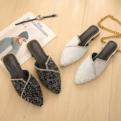 Pointed Toe Sequins Rhinestones Flat Mules