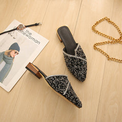 Pointed Toe Sequins Rhinestones Flat Mules