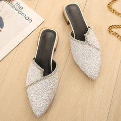 Pointed Toe Sequins Rhinestones Flat Mules