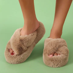 Cross Band Soft Plush House Indoor Outdoor Bottom Slippers
