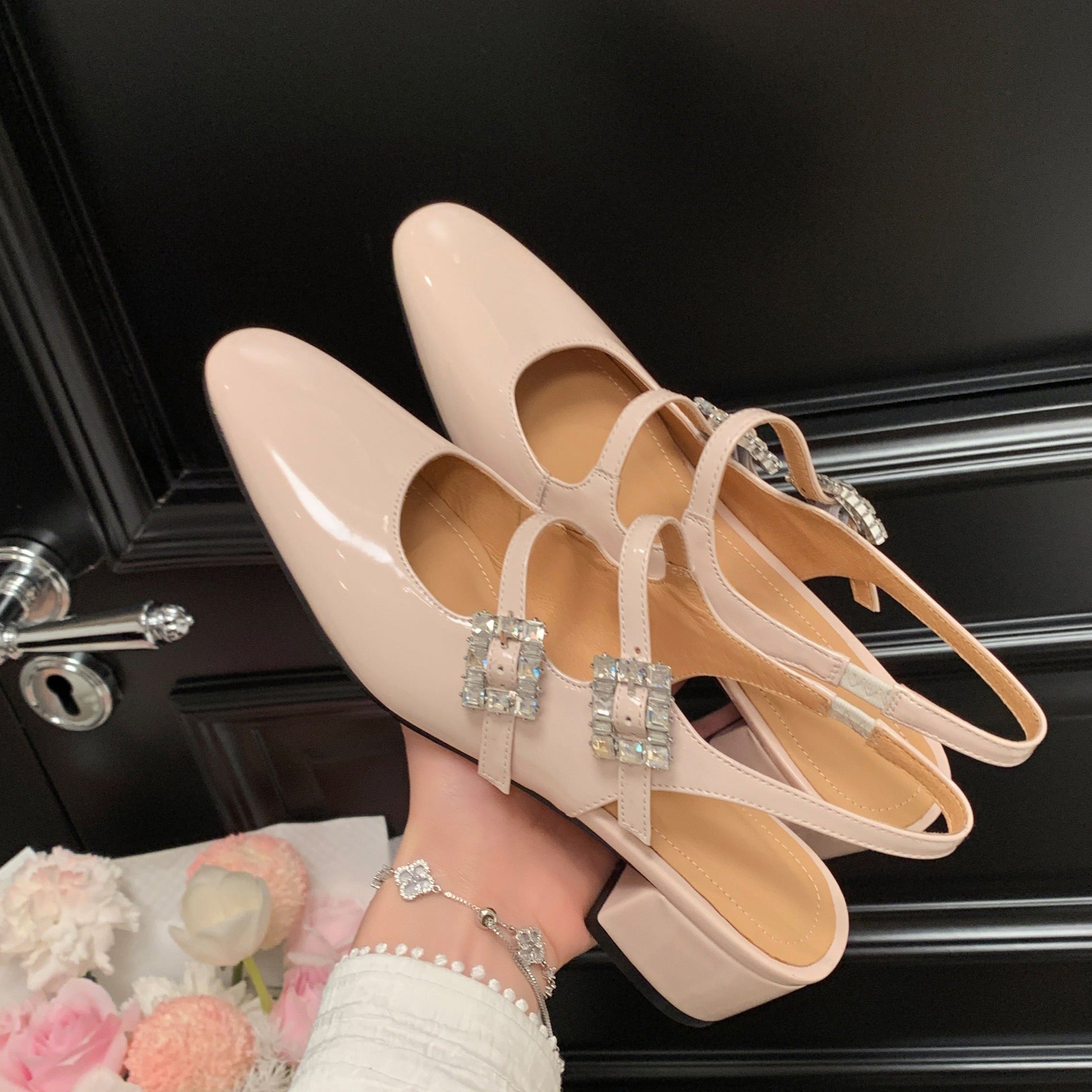 Rhinestone Buckle Square Toe Slingback Pumps Heels