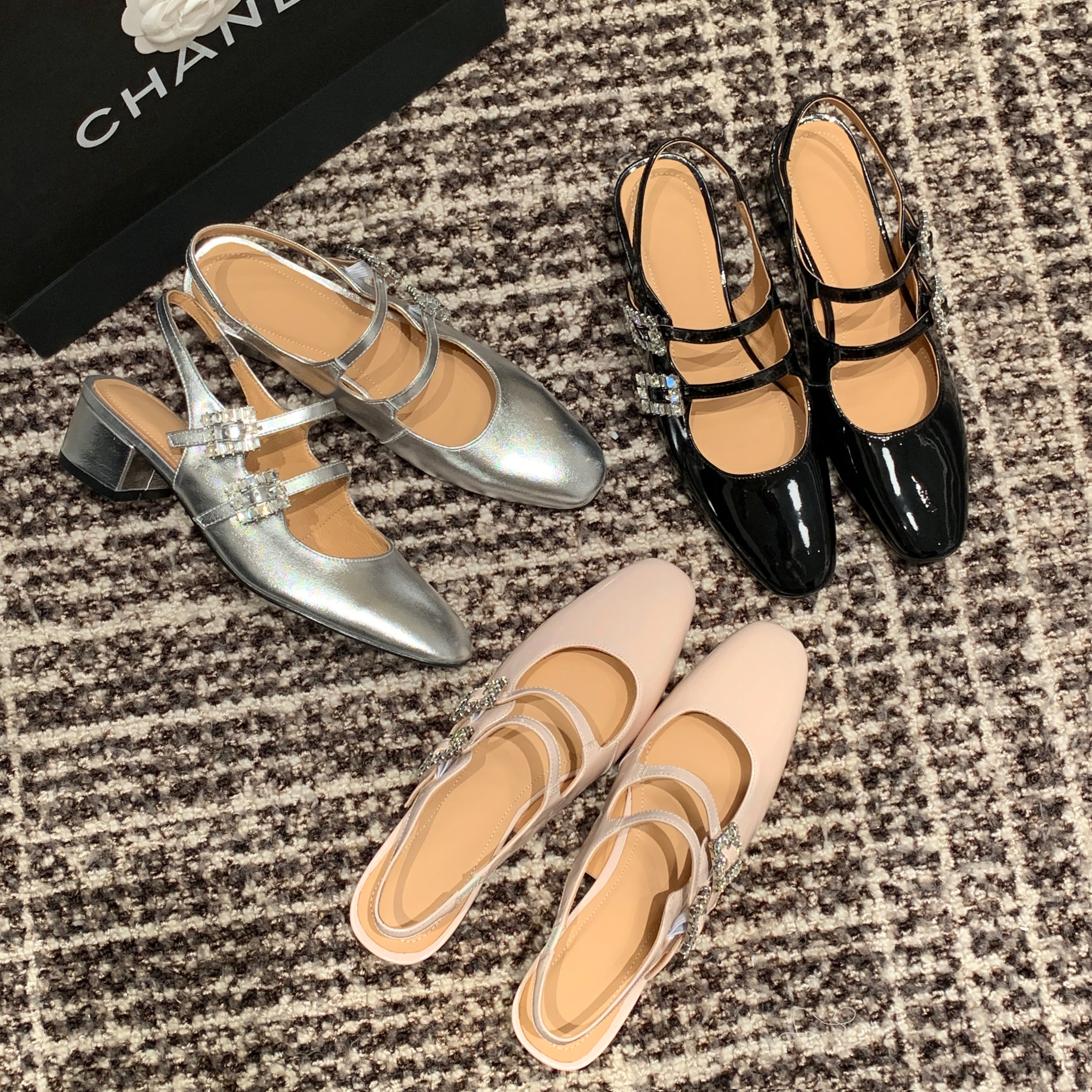 Rhinestone Buckle Square Toe Slingback Pumps Heels