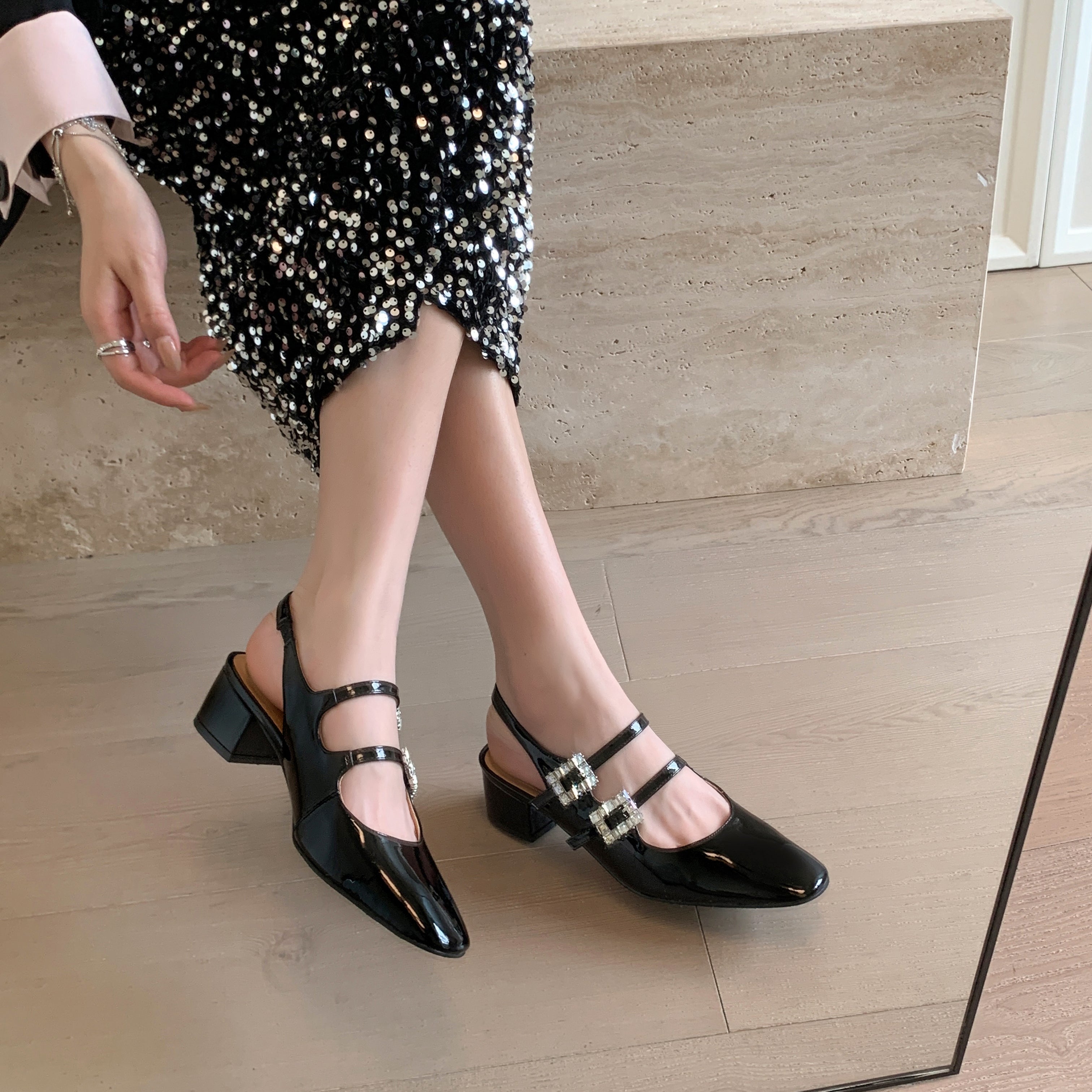 Rhinestone Buckle Square Toe Slingback Pumps Heels