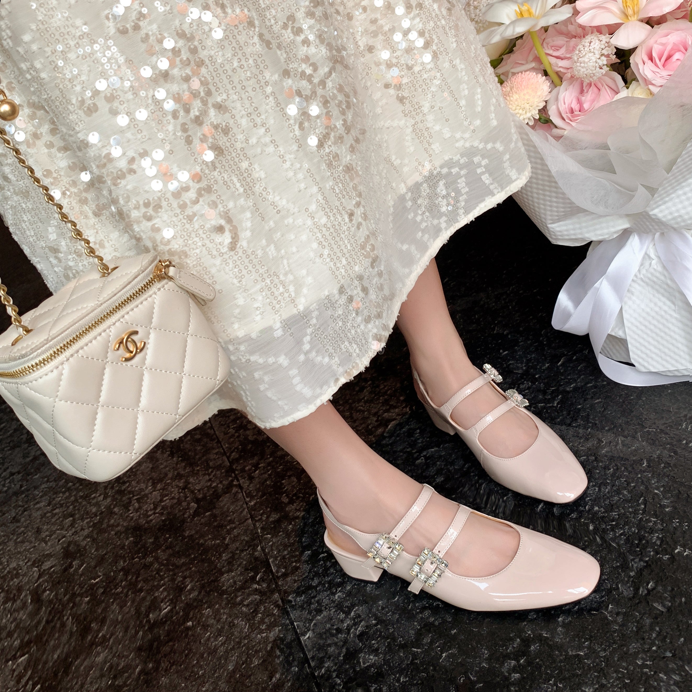 Rhinestone Buckle Square Toe Slingback Pumps Heels