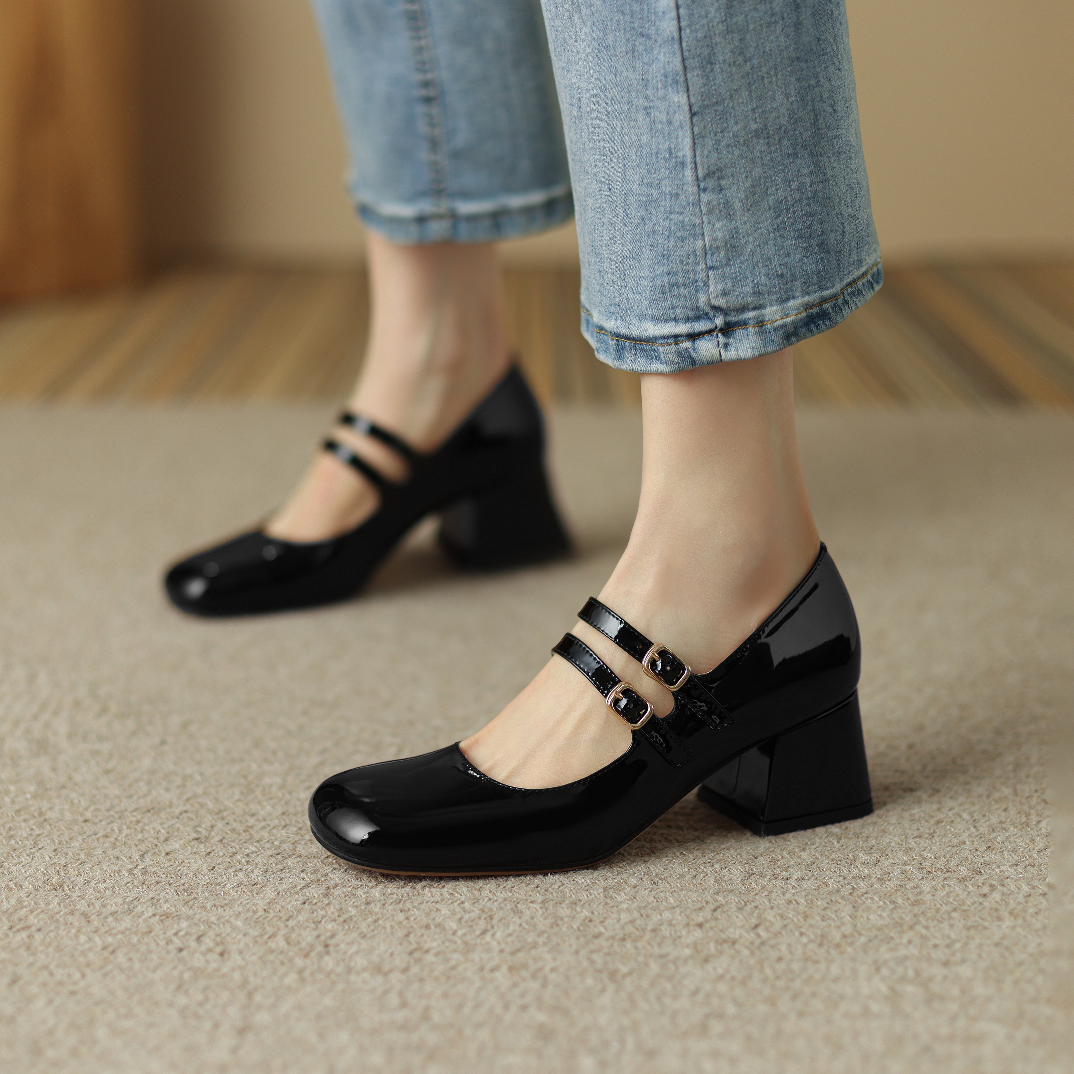 Handmade Leather Square Toe Block Heels Mary Jane Shoes