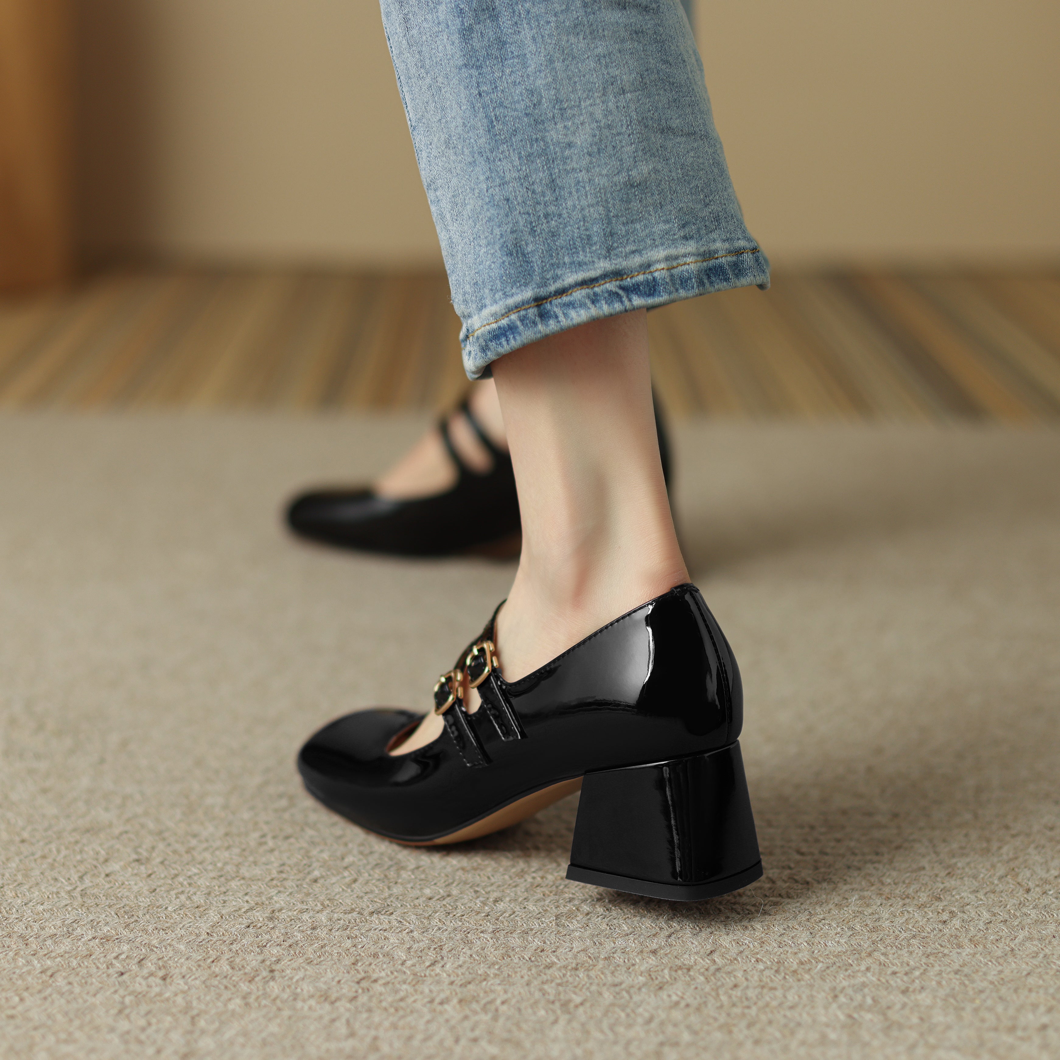 Handmade Leather Square Toe Block Heels Mary Jane Shoes