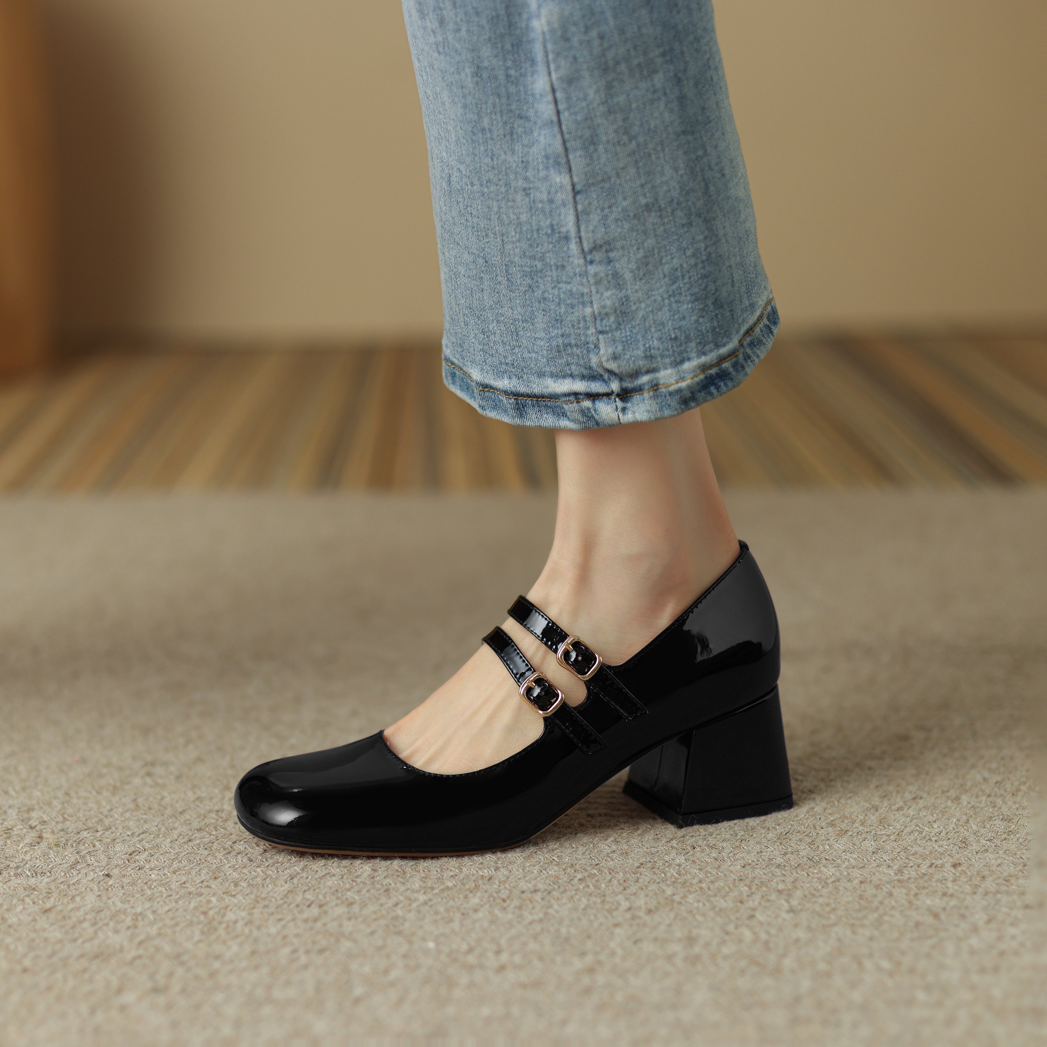 Handmade Leather Square Toe Block Heels Mary Jane Shoes