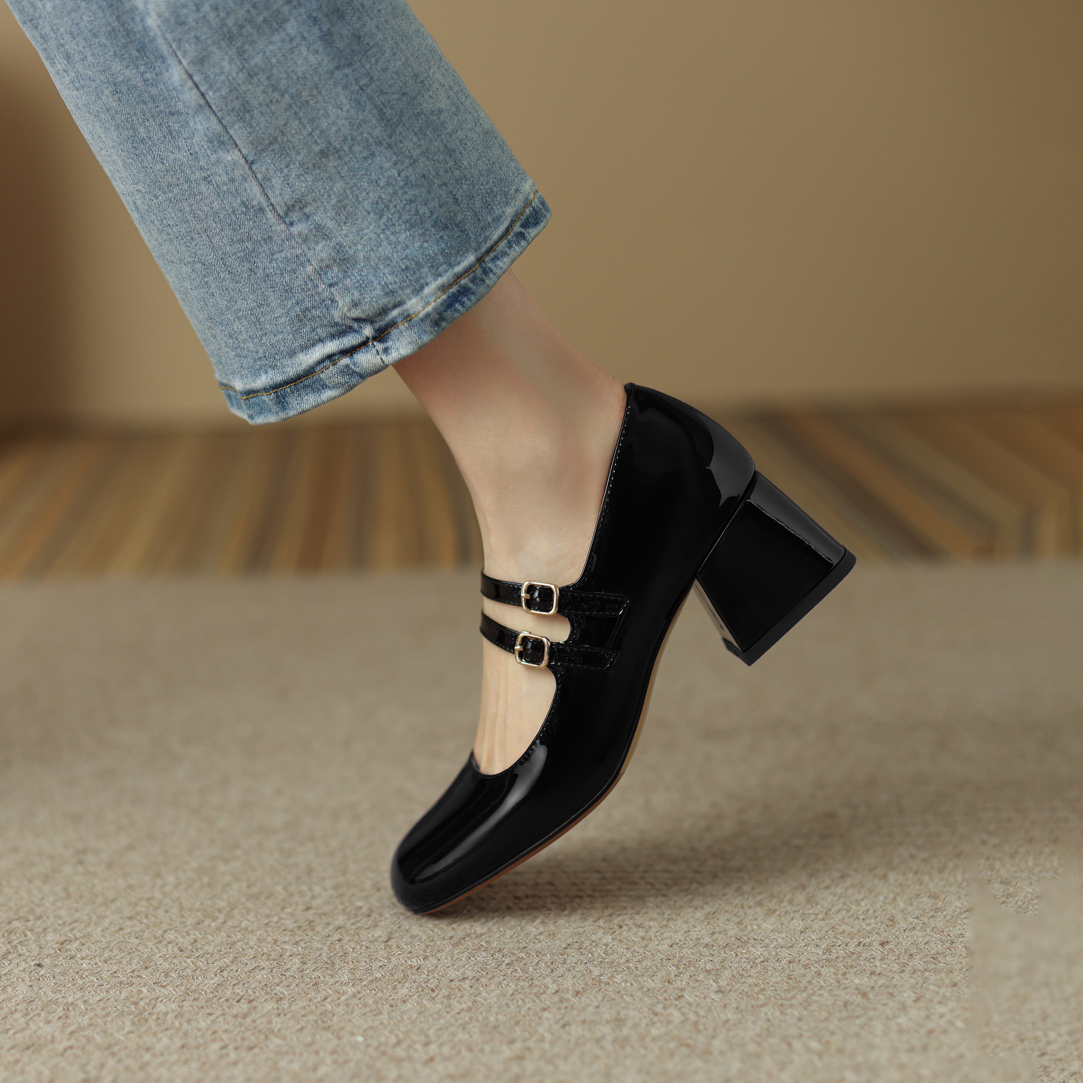 Handmade Leather Square Toe Block Heels Mary Jane Shoes