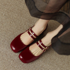 Handmade Leather Square Toe Block Heels Mary Jane Shoes