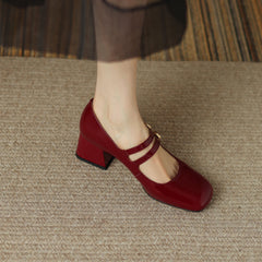 Handmade Leather Square Toe Block Heels Mary Jane Shoes