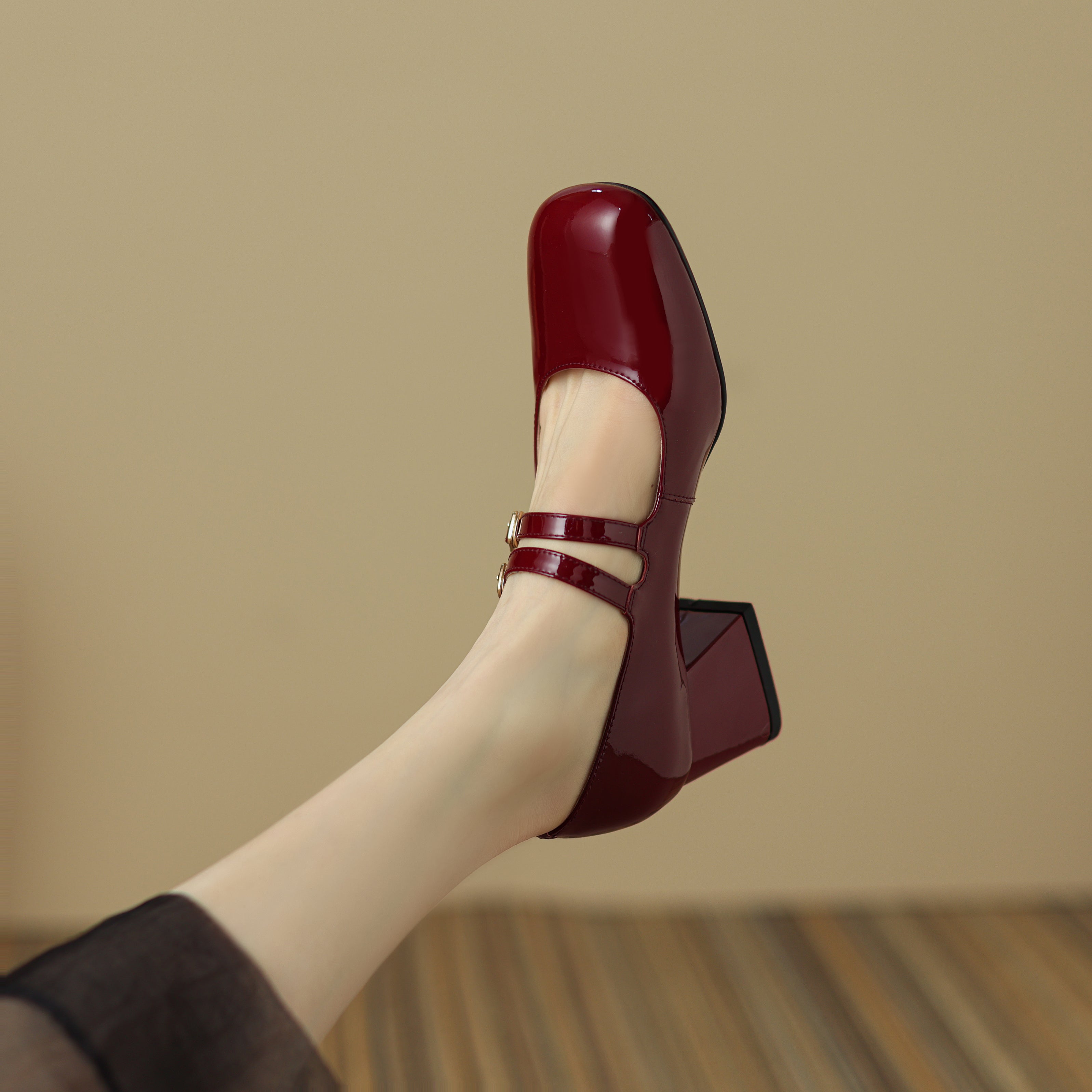 Handmade Leather Square Toe Block Heels Mary Jane Shoes