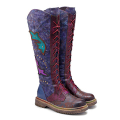 Purple & Burgundy Patchwork Lace-Up Leather Cowboy Boot