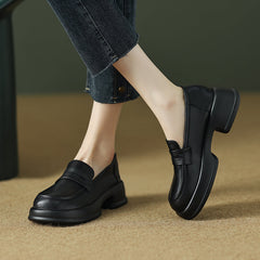 Platform Leather Round Toe Block Heels Loafers Shoes