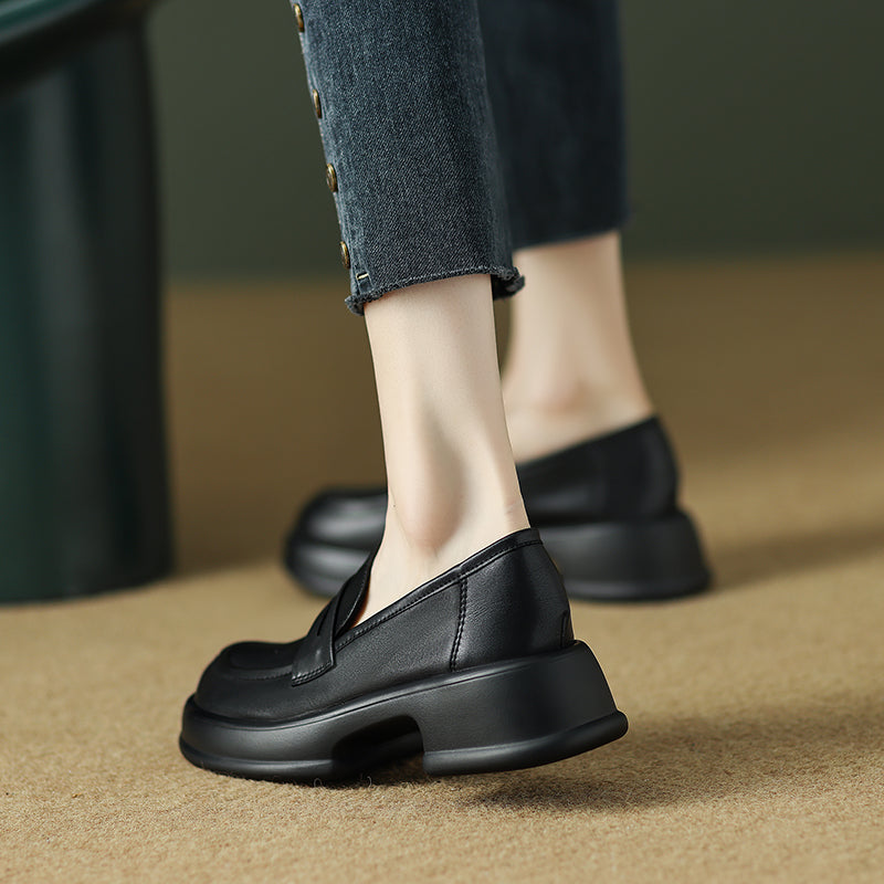 Platform Leather Round Toe Block Heels Loafers Shoes