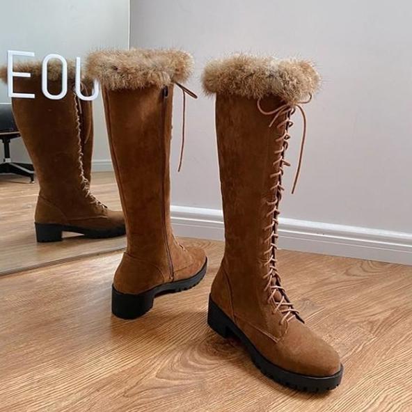 Knee High Faux Fur Winter Lace Up Boots