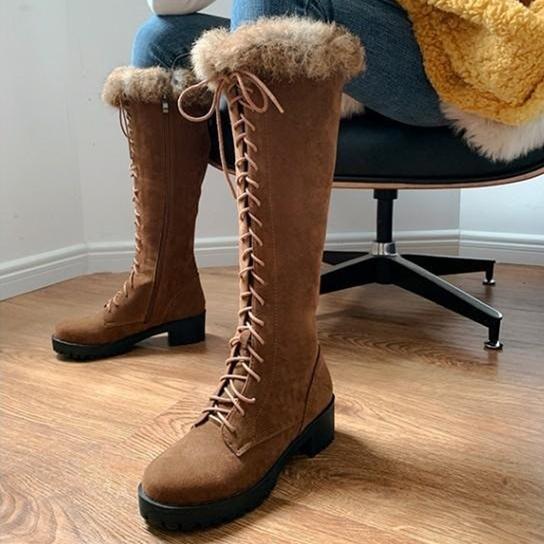 Knee High Faux Fur Winter Lace Up Boots