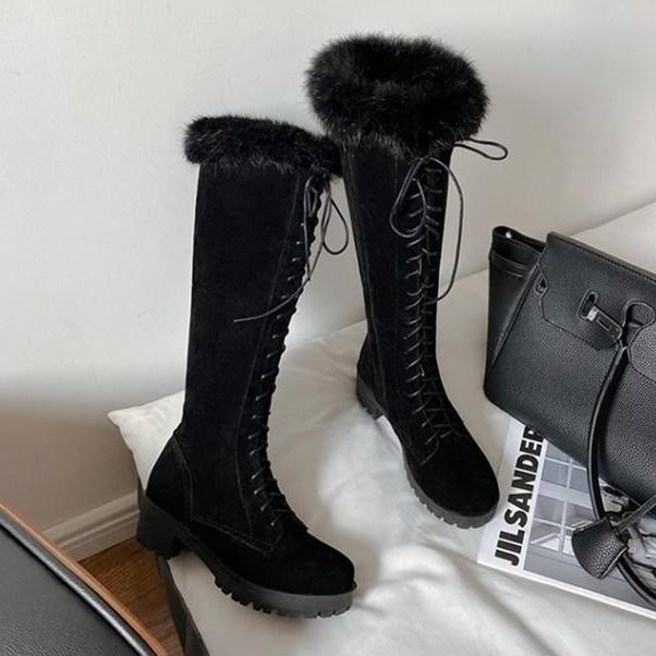 Knee High Faux Fur Winter Lace Up Boots