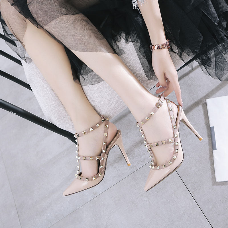 High Heels Rivet T-Strap Pumps Shoes