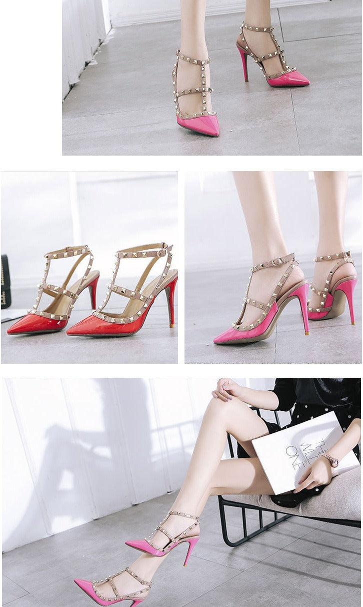 High Heels Rivet T-Strap Pumps Shoes