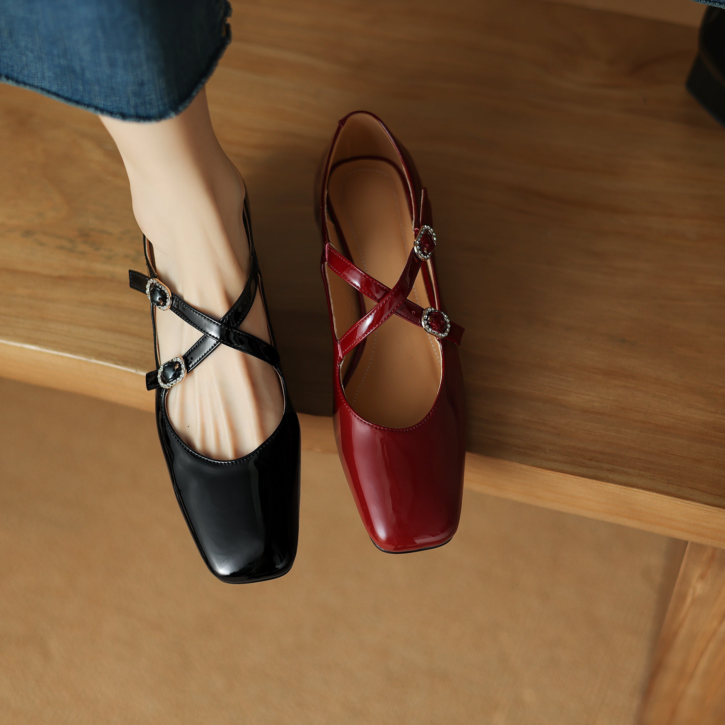 Square Toe Crossed Strap Mary Janes Pump Shoes