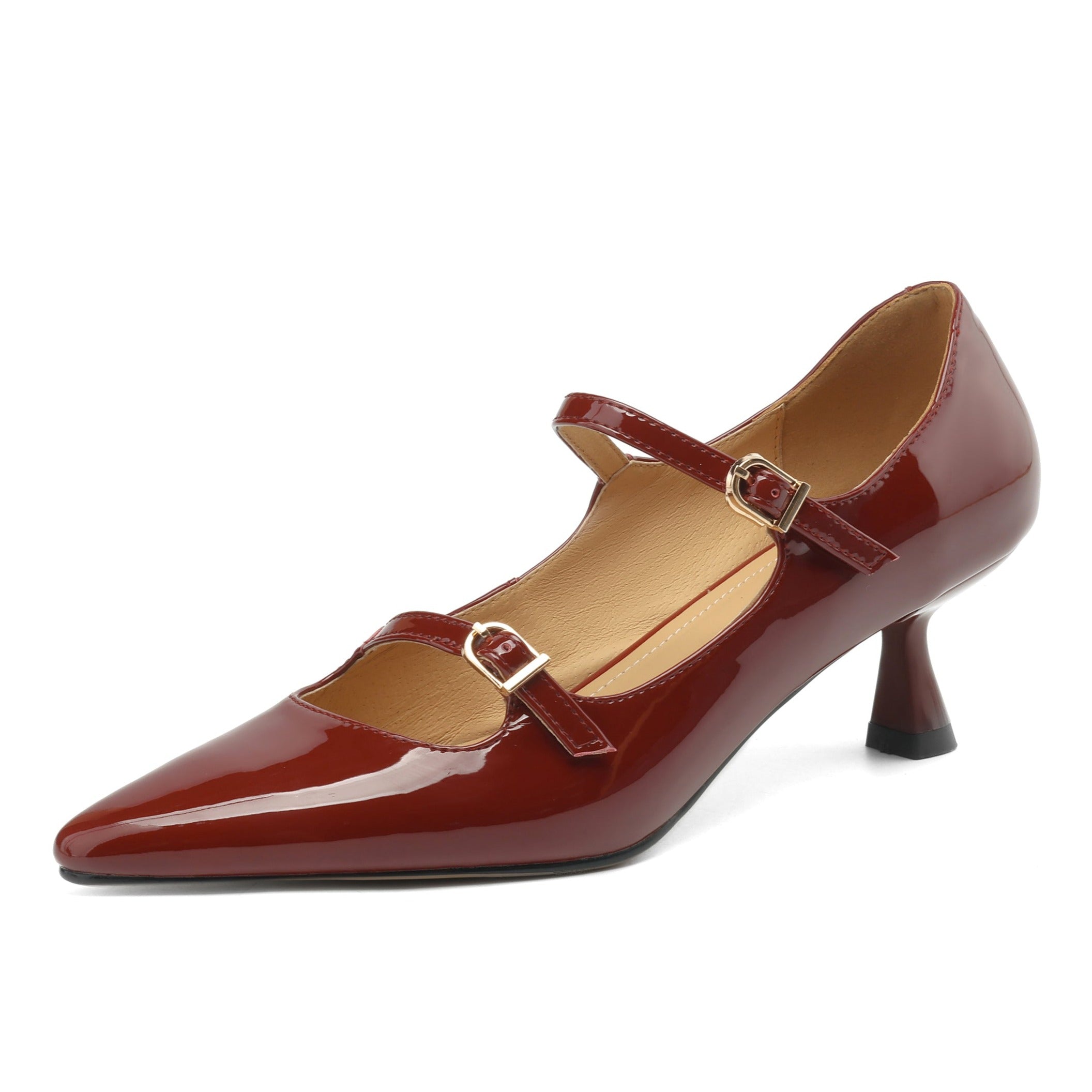 Burgundy Pointed Toe Kitten Heels Pumps with Buckle