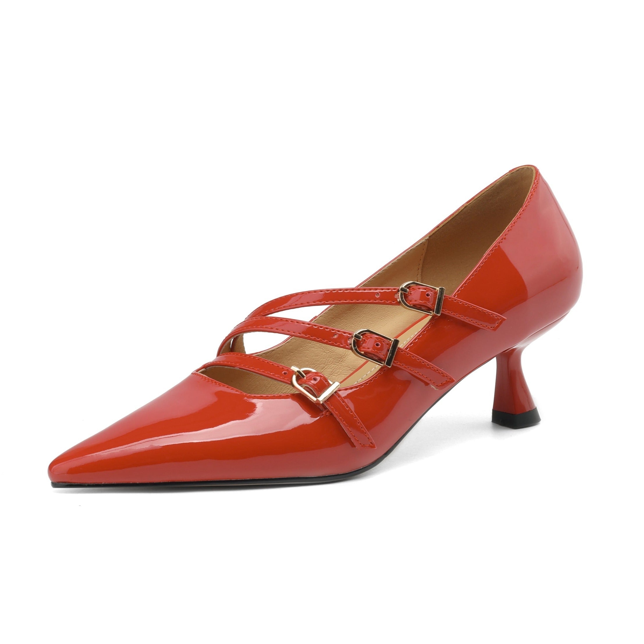 Patent Leather Pointed Toe Kitten Heels Pumps with Buckle