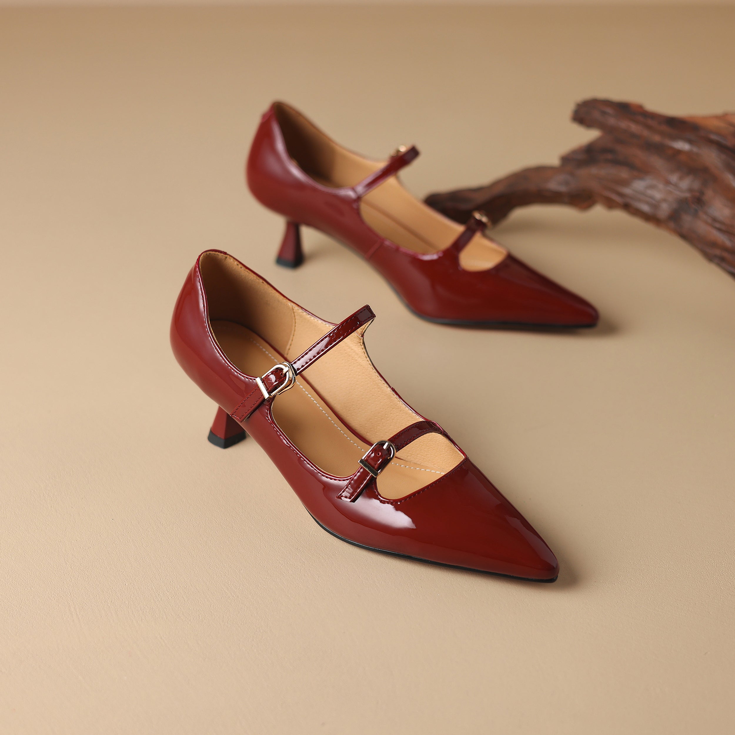 Burgundy Pointed Toe Kitten Heels Pumps with Buckle