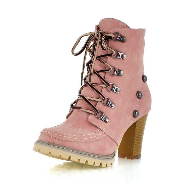 Combat Ankle Boots High Block Heels Shoes Rivet Military Lace Up Boots