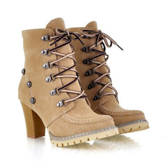 Combat Ankle Boots High Block Heels Shoes Rivet Military Lace Up Boots