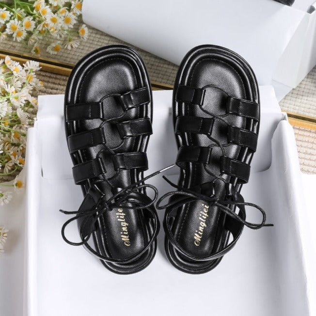 Women's Open Toe Lace Up Flats Sandals Summer Shoes