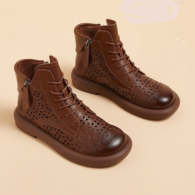 Vintage Leather Hollowed Out Thick Sole Double Side Zipper Casual Short Boots