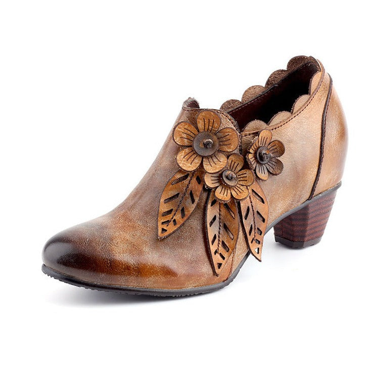 Genuine Leather Heeled Boots Boho Vintage Shoes