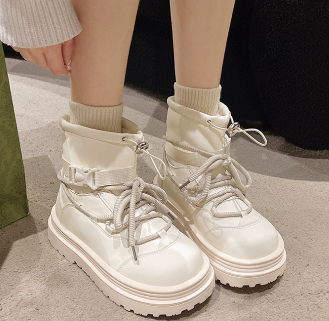 Leather Big Round Head Platform Casual Lace-up Boots