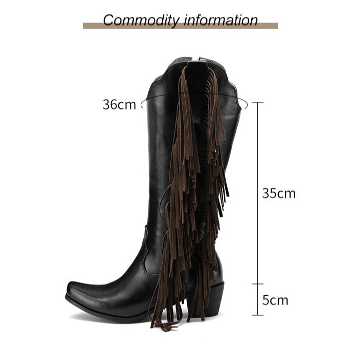 Women's Fringes Tassels Knee High Boots Side Zip-Up Western Cowboy Boots