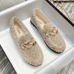 Metal Chain Winter Warm & Comfortable Plush Fur Loafers Shoes