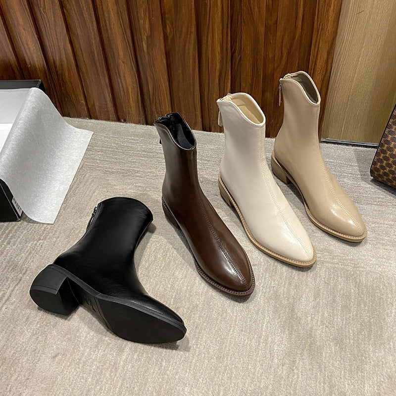 Ankle Boots Pointed Toe Solid Color Back Zipper Comfortable Boots