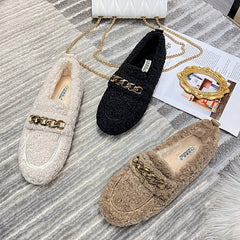 Metal Chain Winter Warm Lamb Fur Flat Shoes Loafers
