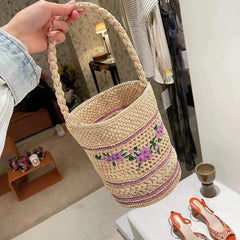 Flora Embroidered Straw Bucket Bag