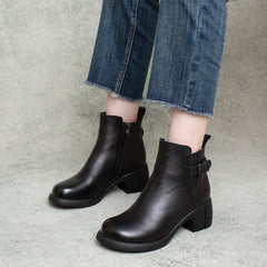 Leather Ankle Boots Round Toe Zip Handmade Shoes