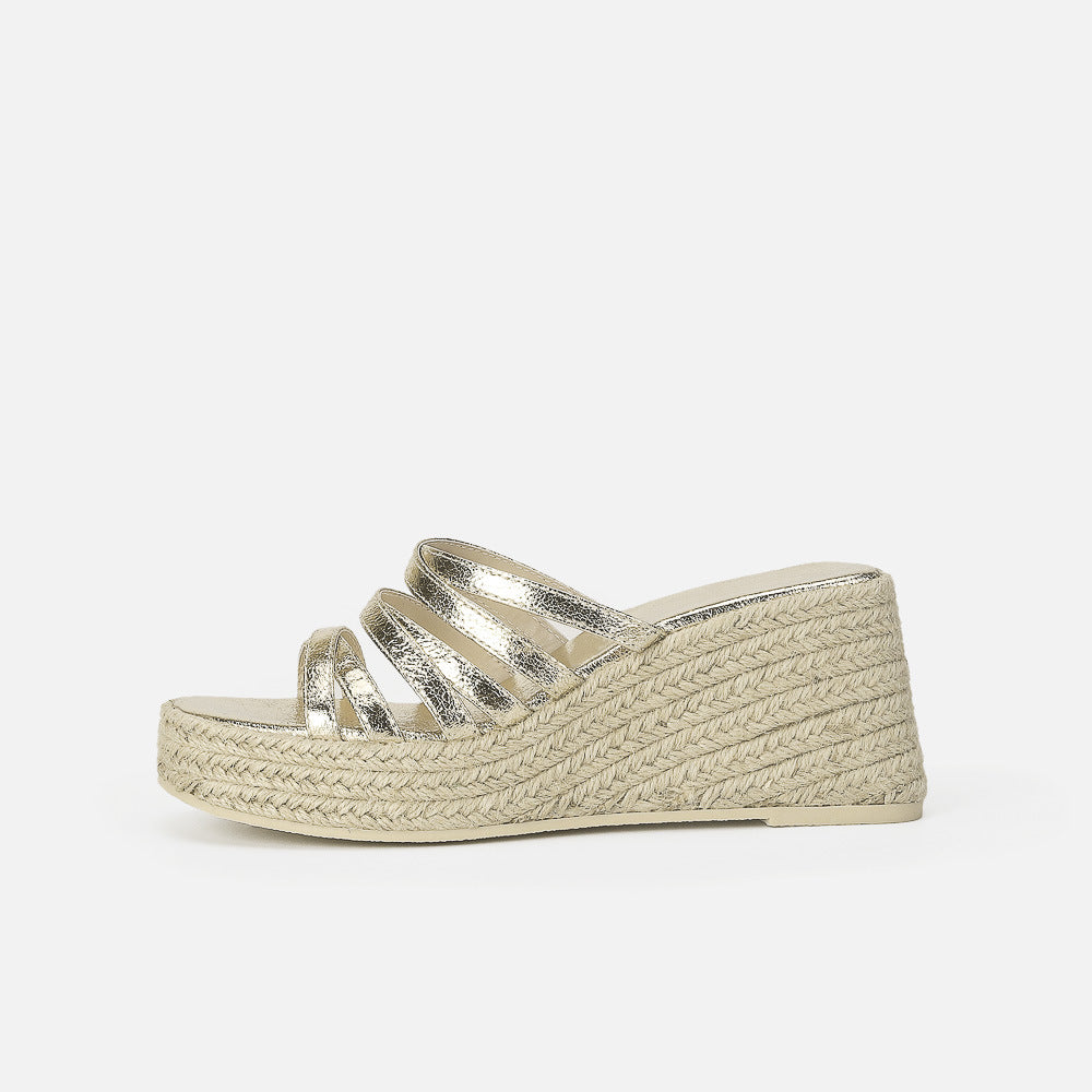 Metallic Gold Crossover Strap Espadrille Wedge Sandals Platform Slippers