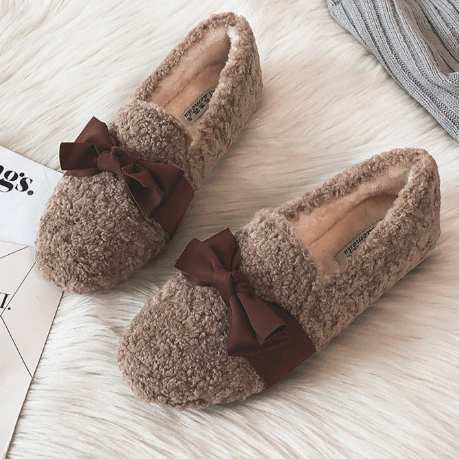 Bow Winter Warm & Soft Plush Fur Loafers Shoes