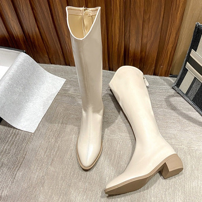 Knee High Boots Pointed Toe Solid Color Back Zipper Comfortable Boots