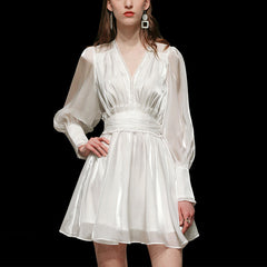 White V-neck Lantern Sleeve High Waist A-line Dress