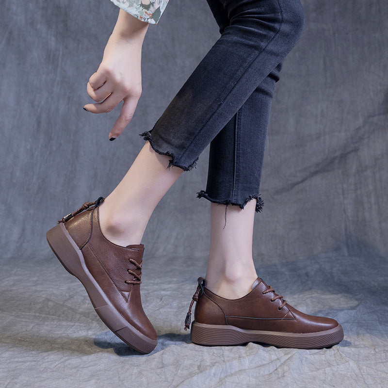 Ankle Loafers Leather Round Toe Lace Up Flats Shoes
