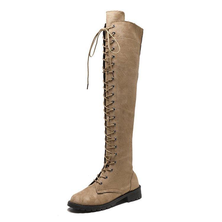 Thigh High Boots No Heel Winter Lace Up Zipper Boots for Over The Knee